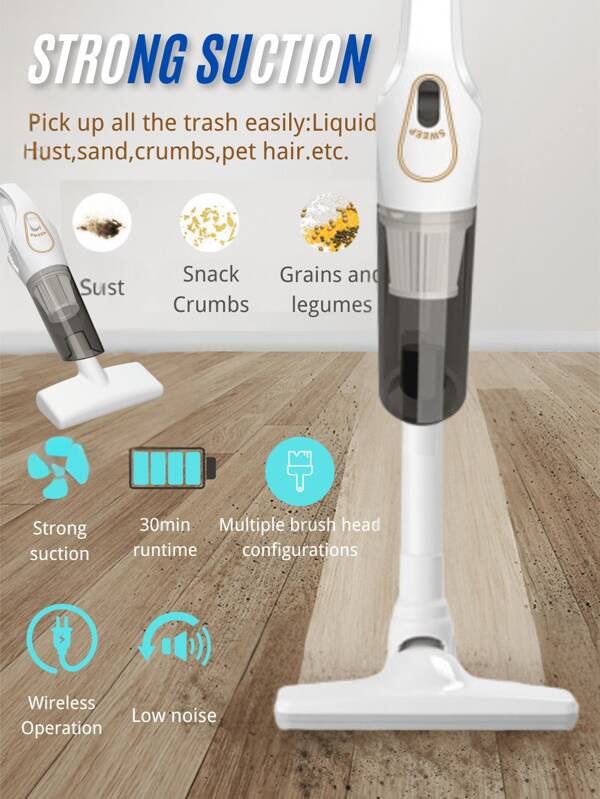 Aspirateur sans fil, Aspirateur sans fil pour maison et voiture, Aspirateur balai sans sac léger, Peut être tenu à la main et poussé avec un manche, Convient pour le nettoyage rapide des tapis et des sols, des poils d'animaux de compagnie et des sols durs, Aspirateur de bureau