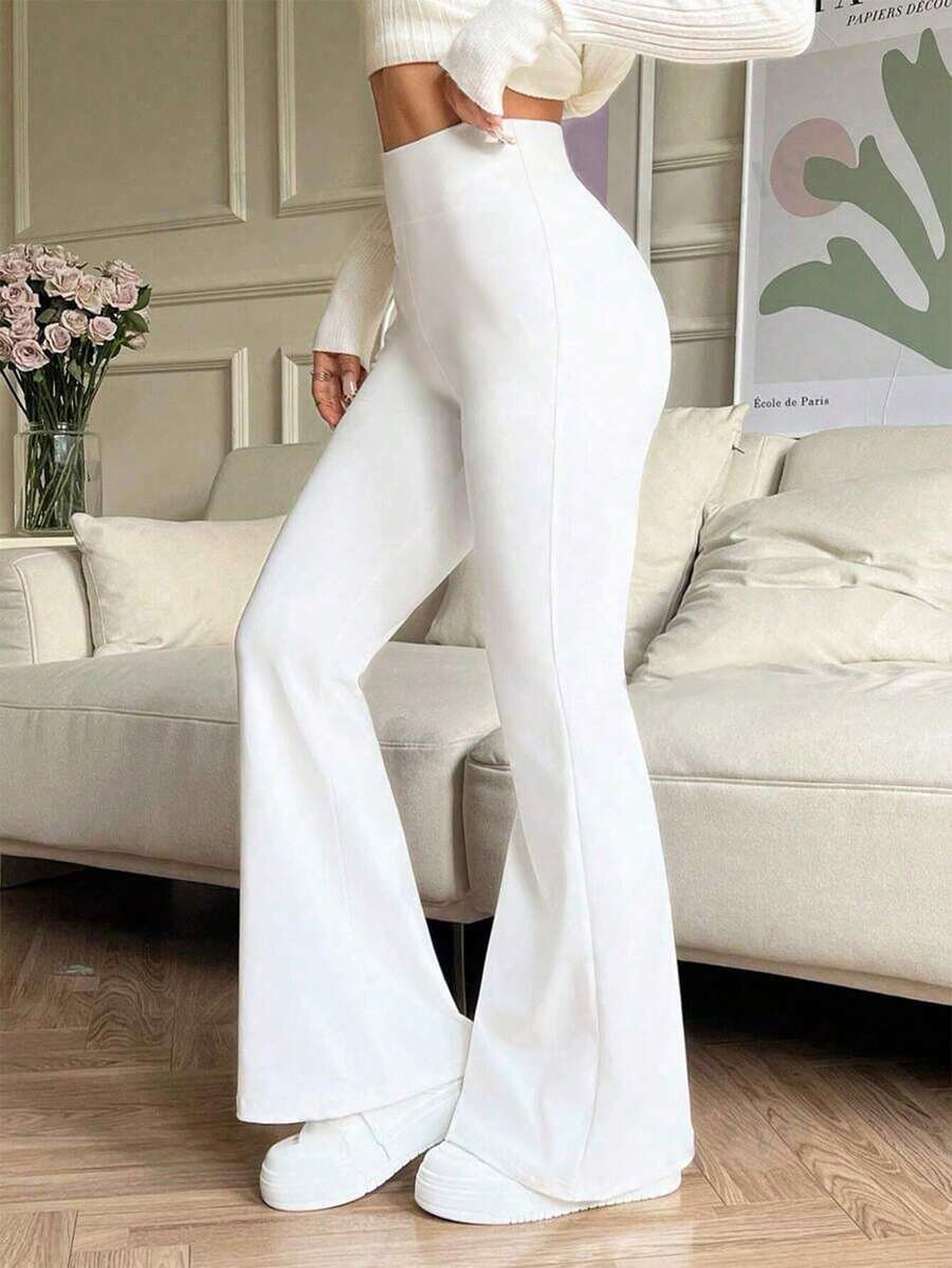 Solid Color High Waist Stretch Flared Pants Sports Yoga Pants Compression Leggings Running Fitness Pants White - White - View 1