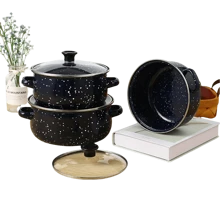 3 件套多功能搪瓷炊具套装，轻巧，带玻璃盖，汤锅，炖锅，不粘锅，易于清洁，适用于燃气、电和电磁炉 - 耐用的厨房必需品，适合家庭和餐厅使用，非常适合户外露营、家庭厨房和餐厅 - 琺瑯三件套 - 查看 15