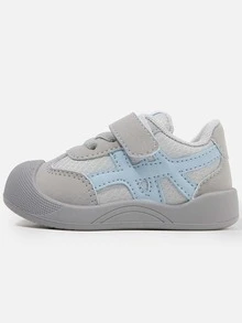 1 Pair Baby Shoes With Line Decoration, Leather Material With Anti-Slip Function, Collision-Proof Toe Design, Hook And Loop Strap, Flat Heel, Simple & Energetic Style, Suitable For Daily Outing, Walking And Playing - Grey - View 3