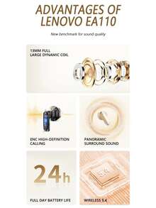 Lenovo EA110 Wireless Earbuds, Bluetooth 5.4, Smart Touch Control, Super Long Battery Life, Compatible With Android & IOS, Chinese Packaging & Manual - White - View 4