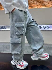 青少年多口袋牛仔裤男童春秋裤子儿童时尚水洗休闲宽松直筒长裤 - 淺色水洗藍 - 查看 4
