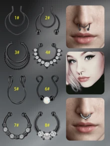 CIZME 假鼻中隔环圈不锈钢非穿孔 CZ 蛋白石鼻中隔首饰假鼻环夹式鼻中隔环假鼻孔鼻中隔穿孔身体首饰女士日常佩戴，假马蹄形圈可调节鼻环 - 銀色 - 查看 6