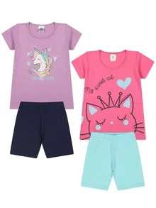 Kit Sortido 6 Peças de Roupas Infantil Menina Conjunto Ciclista Tamanho 1 ao 10 - Multicolorido - Visão 7