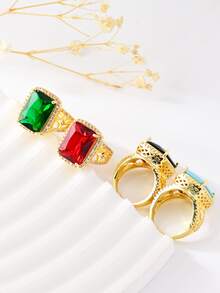 Anel de luxo vintage em cobre banhado a ouro 18K com zircônias sintéticas exageradas nas cores vermelha, esmeralda, preta e turquesa, cravação quadrada estilo princesa, aliança de casamento feminina, joia para o Dia dos Namorados, para uso diário em todas as estações.