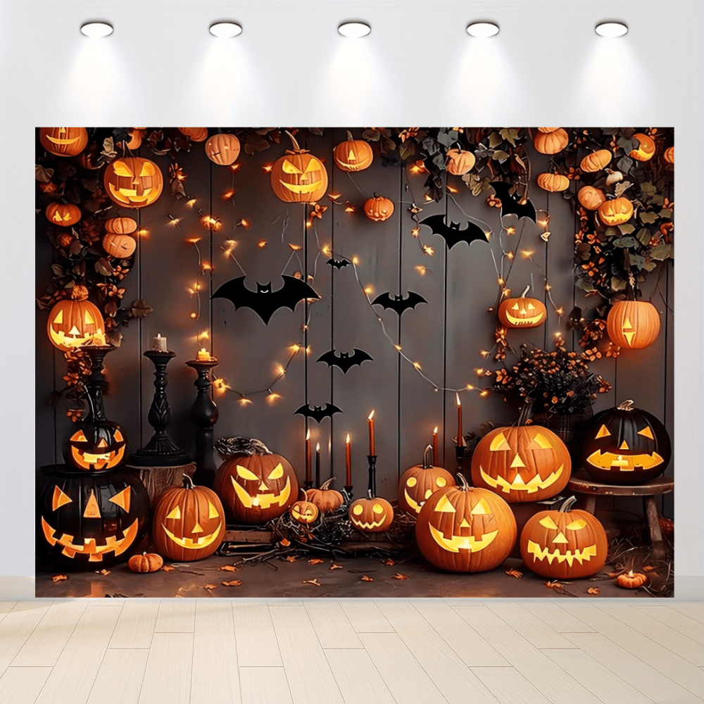 1pc, Halloween Banner Background Fabric, Polyester Fabric, Featuring Glowing Pumpkin Lanterns, Bats, String Lights, Candles And Autumn Green Plants, Perfect For Halloween Parties, Haunted House Decorations, Family Gatherings And Ghost-Themed Events