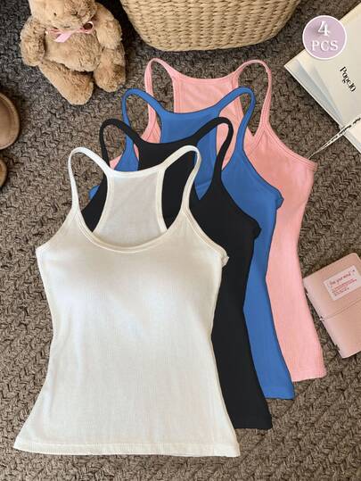 4 件套女士时尚吊带背心 - 透气、修身、无垫运动和瑜伽背心 - 百搭纯色运动服