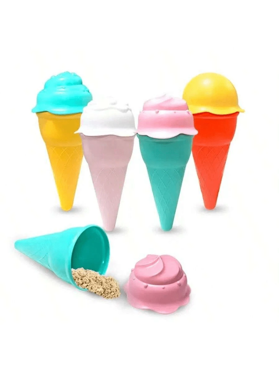 4 件/5 件儿童和青少年沙滩玩具冰淇淋沙模具及配件，沙雪玩具模具套装（冰淇淋桶和盖子颜色随机搭配）