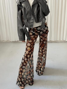 Women Mesh Sheer Flare Leg Bottom Pants Y2k Graphic Fold Waist See Through Festival Dance Rave Outfit Party Clubwear - màu đen - Xem 2