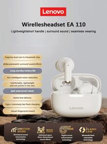 Lenovo EA110 Wireless Earbuds, Bluetooth 5.4, Smart Touch Control, Super Long Battery Life, Compatible With Android & IOS, Chinese Packaging & Manual - White - View 2