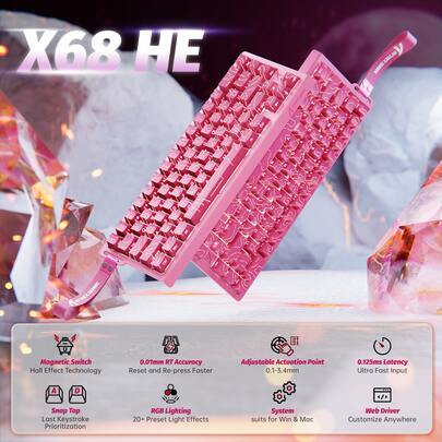  ATTACK SHARK X68 HE Teclado Mecânico Gamer 60% com Fio, Switch Magnético Hall Effect com Ativação Rápida, Driver Ajustável, Taxa de Polling de 8KHz, Retroiluminação RGB, Montagem Superior, Keycaps com Impressão Lateral