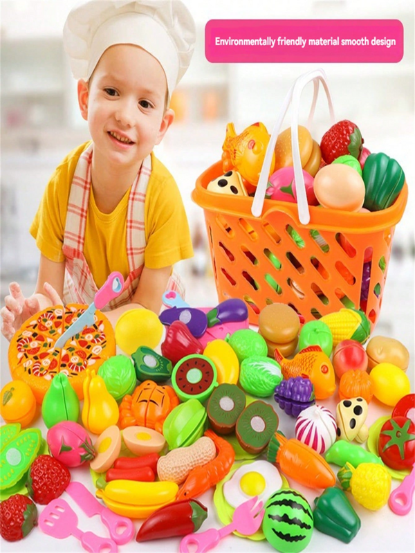 21pcs Kids Early Education Pretend Play Realistic Cutting Fruit Vegetable Pizza Toy, Housework Simulation, Intelligence Development, Interactive, Parent-Child Bonding, Plastic Assorted Set (Random Color & Style)