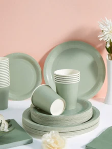 25件套鼠尾草绿一次性餐盘、餐巾纸和纸杯，鼠尾草绿餐盘、餐巾纸和纸杯派对用品，适合25位客人，一次性纸盘派对餐具，适用于生日、婚礼、派对、家庭野餐 - 鼠尾草綠色 - 查看 5