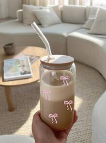 1pc 16oz Transparent Cup Comes With Bamboo Lid & Straw,With Pink/Blue Bow Design, Large Capacity Outdoor Travel Portable Drink Juice Cup For Summer & Winter, Birthday Party Holiday Gift, Christmas Present