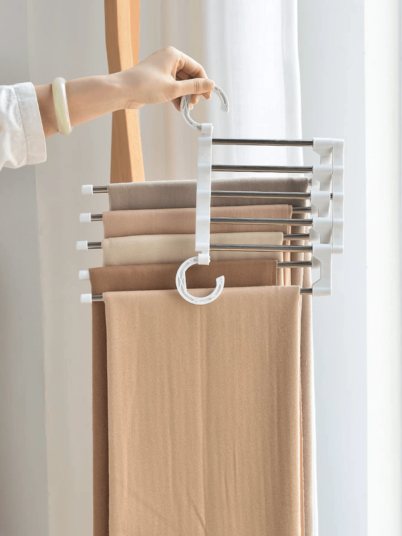 5 Tier Stainless Steel Pants Rack Adjustable Wardrobe Organizer With White Compartments Towel Hanger Stand Storage Rack For Bedroom Closet Home Organization Multipurpose Clothing Display Stand