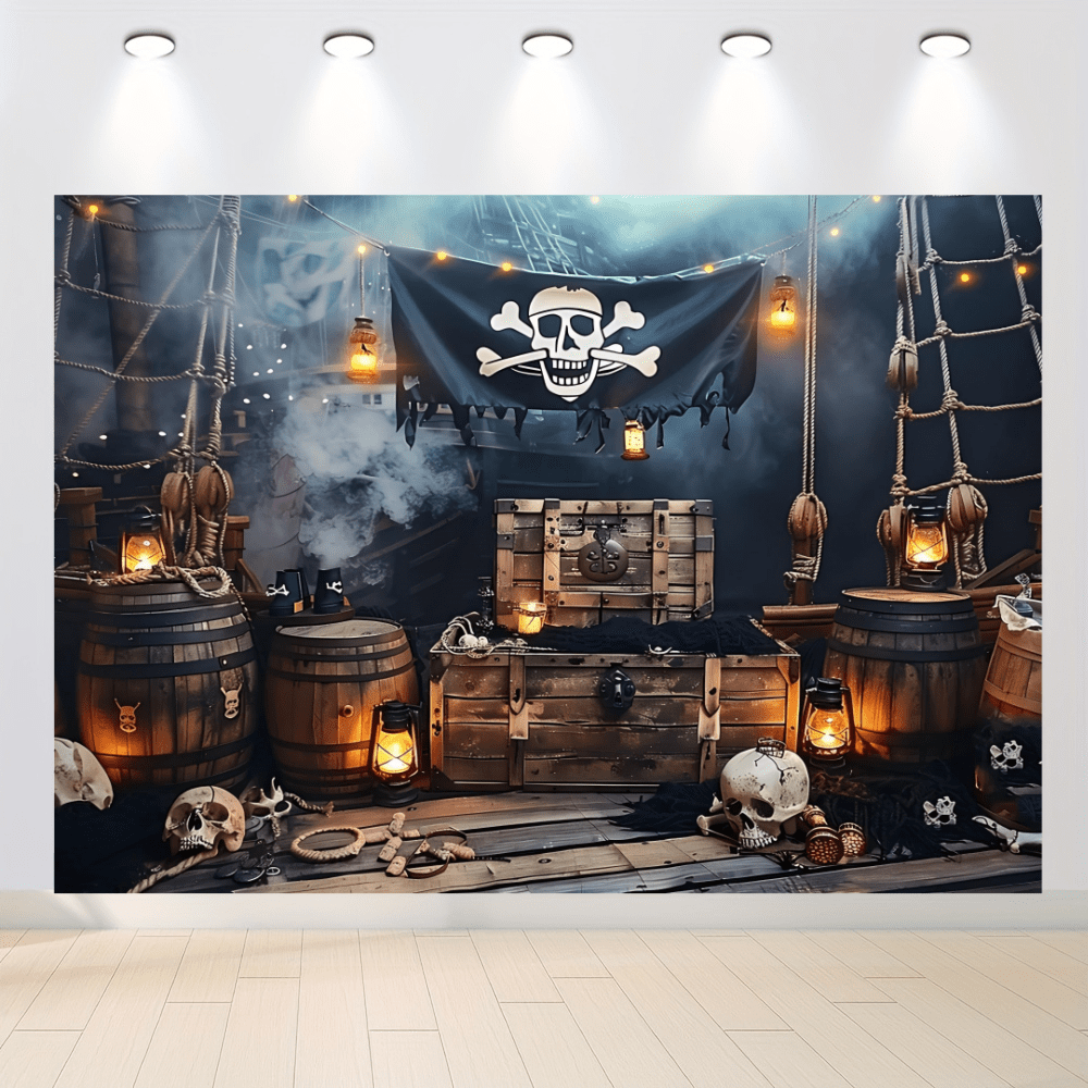 1pc, Pirate - Theme Background Fabric, Polyester Fabric, Skull Flag, Treasure, Bucket, Lantern, Skull And Ocean Atmosphere As Background Design, Suitable For Pirate Theme Parties, Cosplay Events, Photo Booths, Theme Gatherings