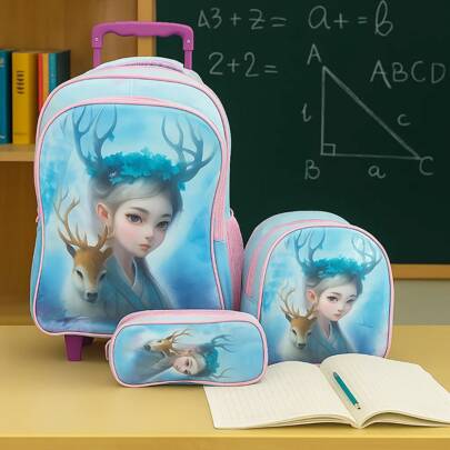 Kit Mochila Lancheira e Estojo Infantil Escolar com Alça e Rodinhas