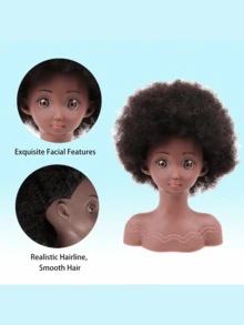 真人发模特头，非洲式卷发，适合女孩的礼物，练习发型头 - 黑色 - 查看 2