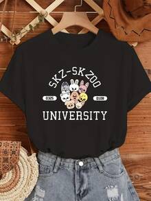 Women's Casual Short Sleeve T-Shirt - Black SKZ-SKZ UNIVERSITY Graphic Print With Cartoon Animal Characters, Round Neck Spring/Fall Top, Machine Washable, Seasonal Playful Design, Comfortable Fit, Everyday Outfit, Lightweight Tee  Tee  Lovers - màu đen - Xem 1