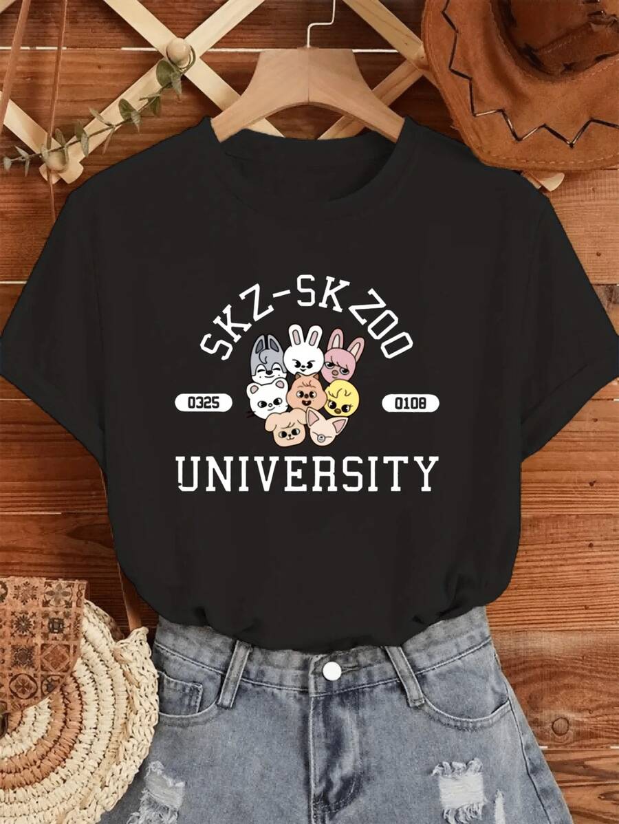Women's Casual Short Sleeve T-Shirt - Black SKZ-SKZ UNIVERSITY Graphic Print With Cartoon Animal Characters, Round Neck Spring/Fall Top, Machine Washable, Seasonal Playful Design, Comfortable Fit, Everyday Outfit, Lightweight Tee  Tee  Lovers - màu đen - Xem 1