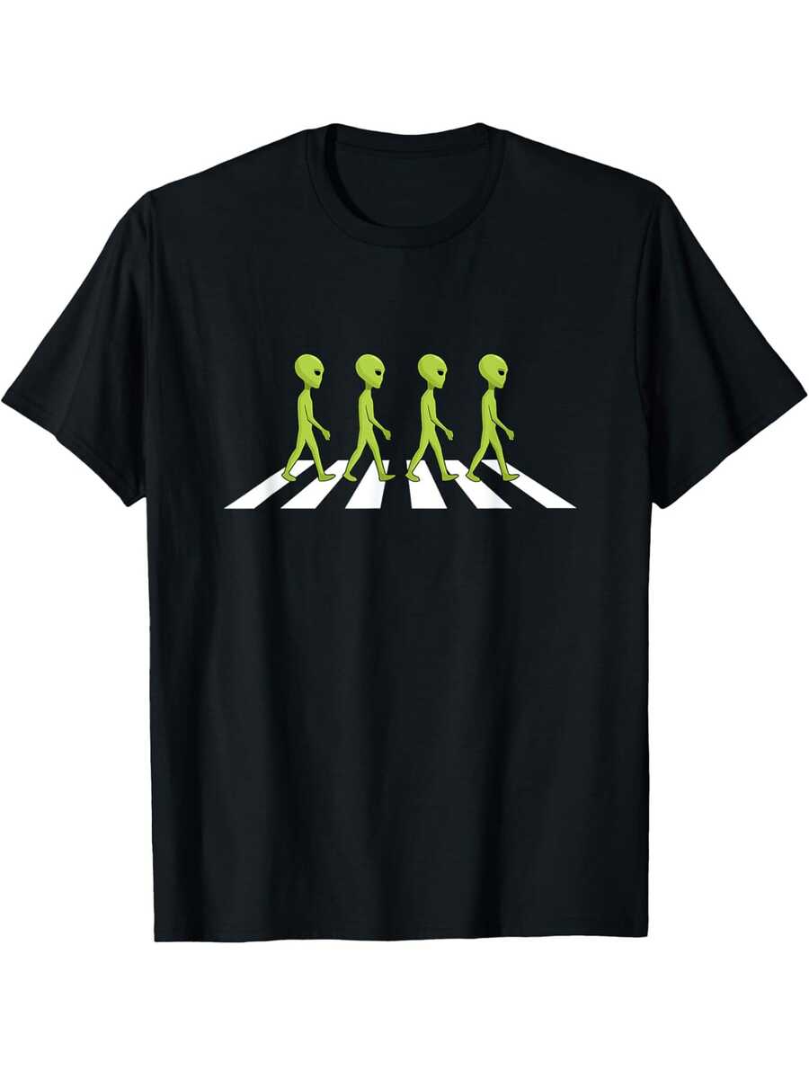 Camiseta gráfica divertida de hombres con diseño de cruce de extraterrestres - 100% algodón 180g suave y transpirable, ajuste regular, camiseta de manga corta con siluetas de extraterrestres verdes y diseño de cruce de cebra para uso casual, regalo de Halloween y Navidad - Negro - Ver 1