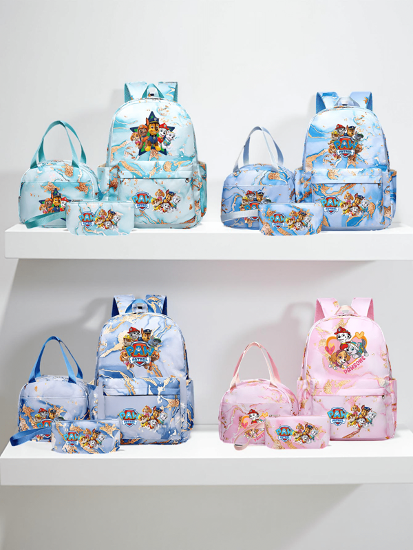 Paw Patrol 3er Set Paw Patrol Rucksäcke, modischer Stil, strapazierfähiges Nylon mit verstellbaren Schultergurten, leicht, Paw Patrol Skye Motiv, Reißverschluss, Polyesterfutter, inkl. Aufbewahrungstasche und Lunchbox, Handwäsche, geeignet für Schule und Reisen, Schul-Essentials