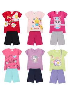 Kit Sortido 6 Peças de Roupas Infantil Menina Conjunto Ciclista Tamanho 1 ao 10 - Multicolorido - Visão 2