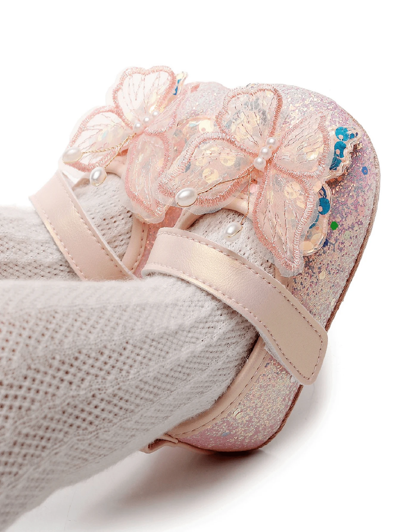 Baby Girl Dress Shoes Shiny 3D Butterfly Princess Mary Jane Flats Non-Slip Crib Shoes - Hồng - Xem 1