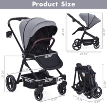 Foldable Baby Stroller, High Landscape Pushchair for Newborn, Toddler, Convertible Infant Pram with Reversible Backrest, Storage Basket - Gris - Ver 6