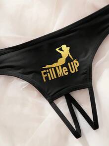 Tanga de mujer con estampado sexy y abertura en la entrepierna, de tela fina para salir - Negro - Ver 2