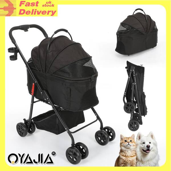 OYAJIA Dog Stroller, Foldable Pet Stroller, 3 In 1 Dog Cat Pushchair With Storage Basket Net Window Cup Holder, 360 ° Wear-Resistant Rubber Wheels Dog Travel Carrier, For Small Dogs & Cats
