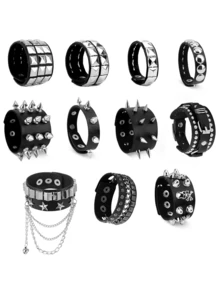 Punk Style Rivet PU Leather Bracelet, 80s Gothic Punk Rivet Faux Leather Cuff Bracelet, Suitable For Men And Women, Party Gift - Fashion Black - View 1