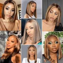 Highlight Lace Front Bob Wig Human Hair 14 Inch Ombre Honey Blonde 13x4 Hd Lace Front Wigs Human Hair Pre Plucked Middle Part 4/27 Colored Lace Frontal Wigs - S4/27 - 查看 9