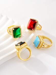 Anel de luxo vintage em cobre banhado a ouro 18K com zircônias sintéticas exageradas nas cores vermelha, esmeralda, preta e turquesa, cravação quadrada estilo princesa, aliança de casamento feminina, joia para o Dia dos Namorados, para uso diário em todas as estações.