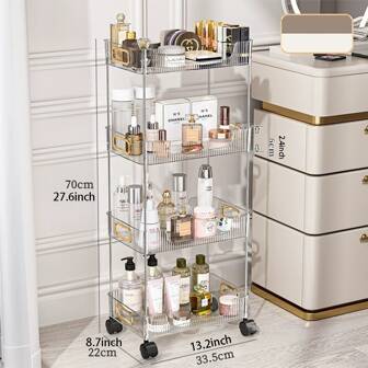 4-Tier Storage Rack, Transparent And Simple Style, Wheeled Movable Storage Rack, Suitable For Living Room, Bedside, Bathroom And Office Item Storage And Organization, Floor-Standing Storage Rack