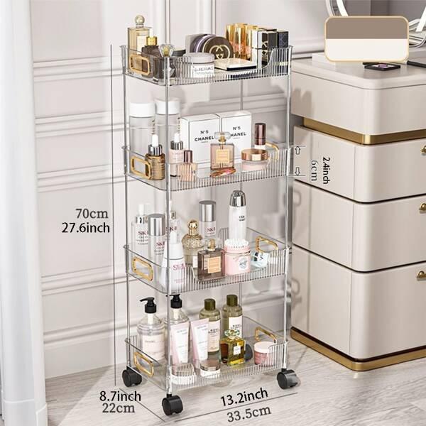 4-Tier Storage Rack, Transparent And Simple Style, Wheeled Movable Storage Rack, Suitable For Living Room, Bedside, Bathroom And Office Item Storage And Organization, Floor-Standing Storage Rack