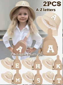 2 pezzi Set di cappello a secchiello e borsa con stampa 26 lettere per bambini, outfit di moda per bambini e bambine adatto per uso quotidiano in primavera e autunno