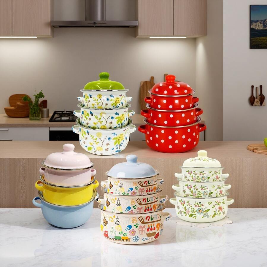 3 件套高品质多用途厚珐琅锅具套装,包括带盖炖锅、炖锅、煮锅、盛菜盘,精美的家用厨房炊具,兼容燃气和电炉,是送给朋友和家人的绝佳礼物 - 彩色 - 查看 1