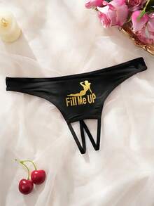 Tanga de mujer con estampado sexy y abertura en la entrepierna, de tela fina para salir - Negro - Ver 1