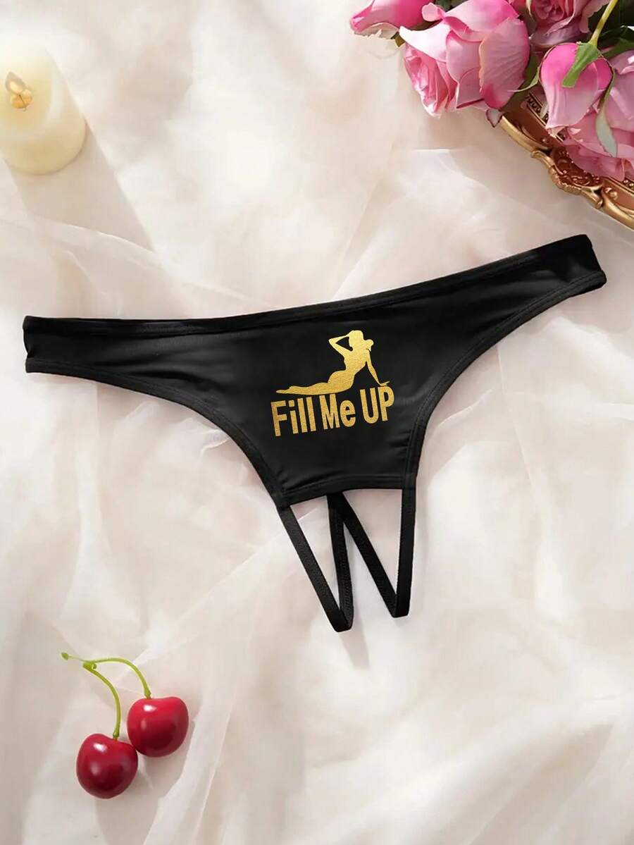Tanga de mujer con estampado sexy y abertura en la entrepierna, de tela fina para salir - Negro - Ver 1