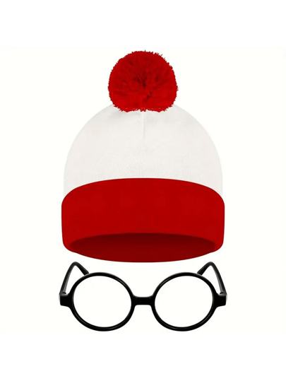 Festive Red And White Knit Hat With Pom Pom - Perfect For Halloween, Christmas And Holiday Decorations!