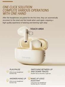 Lenovo EA110 Wireless Earbuds, Bluetooth 5.4, Smart Touch Control, Super Long Battery Life, Compatible With Android & IOS, Chinese Packaging & Manual - White - View 9