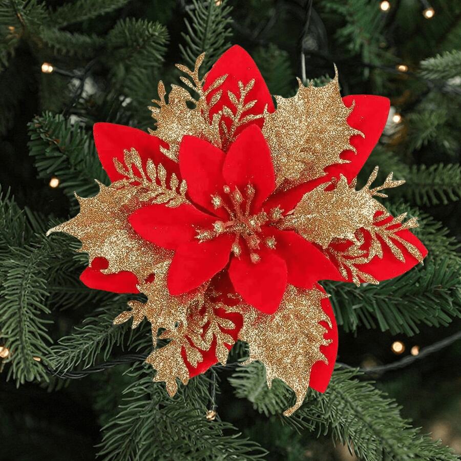 1/6/12PCS Artificial Sparkling Glitter Powder Christmas Flower Flowers, 14cm Fake Flowers For Festival Wedding Party Home Indoor Dining Table, Room, Bedroom Decoration, Gift, Wreath, Rattan Diy Decoration Accessories, Christmas Tree And Christmas Plant Decor Home Decor Christmas Decorations