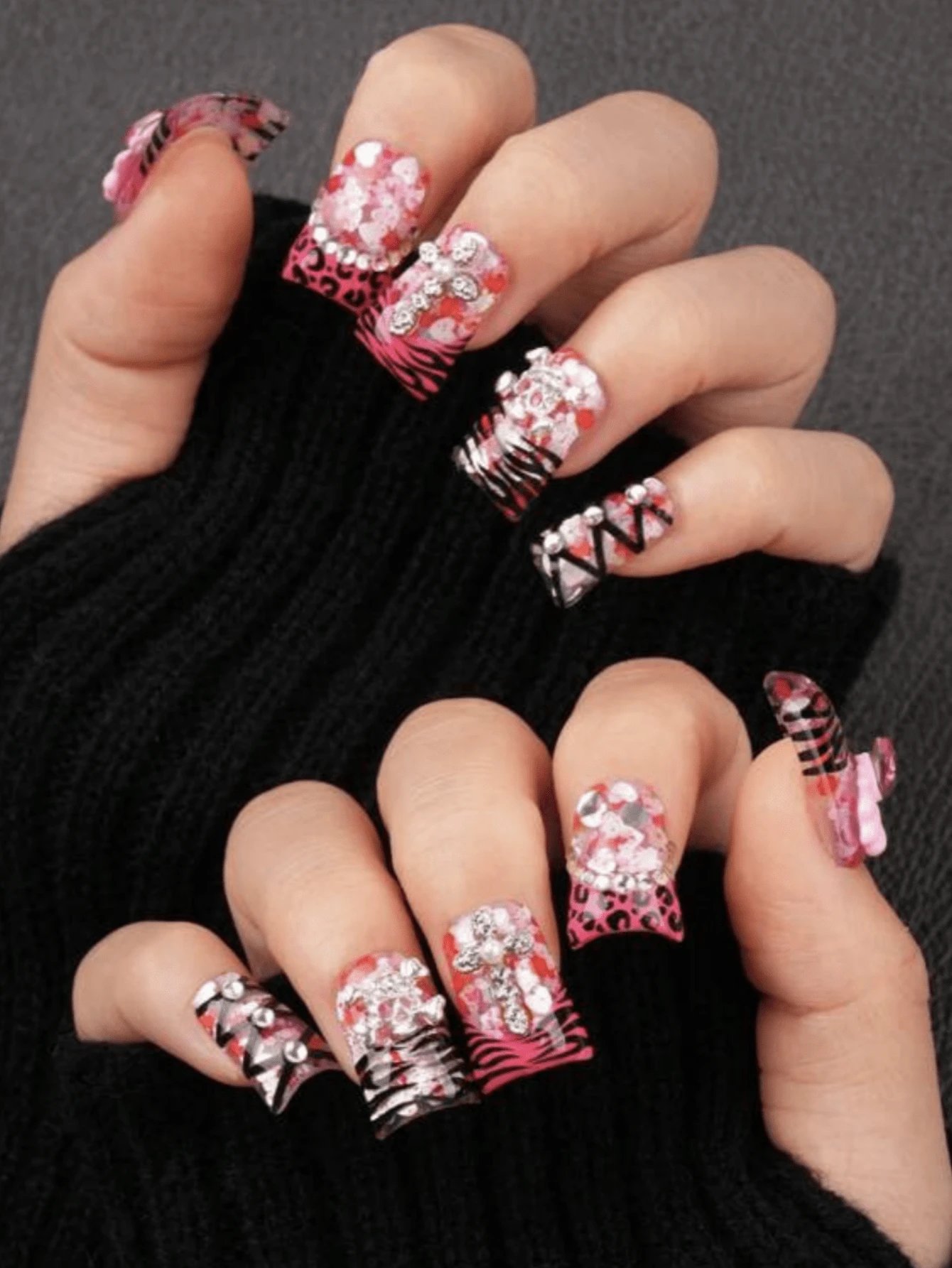 [Handmade By An Artisan] Nail Tips, False Nails, Set Of 10, Duck Mouth, 3D, Flower, Diamond, Ribbon, Heart, French, Cute, Y2K, Shibuya Coordination, Graduation, Coming Of Age Ceremony, Wedding, Photo Wedding, Press-On Nails, Double-Sided Tape, Wooden Stick, Nail File Included - Pink - View 1
