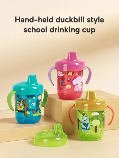 A Cartoon-Printed Handle Baby Sippy Cup With Duckbill Spout, Featuring Rounded Ergonomic Handles For A Comfortable Grip. Helps Develop Your Baby's Grasping Skills While Making Drinking Effortless.
