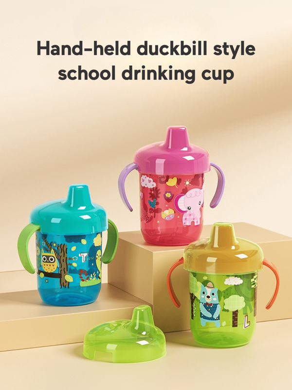 A Cartoon-Printed Handle Baby Sippy Cup With Duckbill Spout, Featuring Rounded Ergonomic Handles For A Comfortable Grip. Helps Develop Your Baby's Grasping Skills While Making Drinking Effortless.