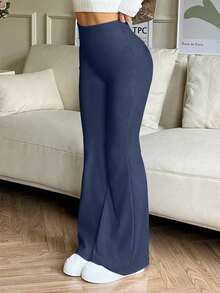 High Waist Elastic Flare Pants, Sports Yoga Pants, Compression Tight Leggings, Running Fitness Pants, Women's Activewear Pants, Breathable Quick-Dry, Spring/Summer - Blue - View 4