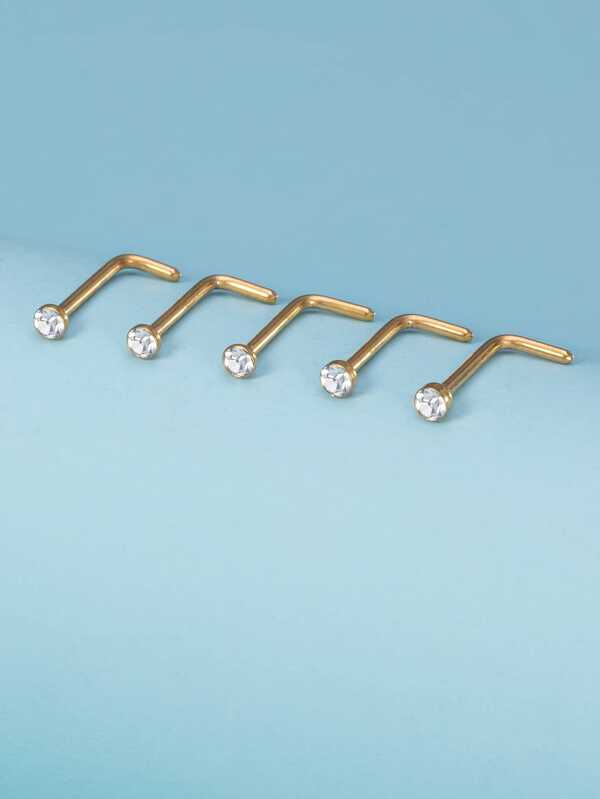 5pcs White Zirconia L-Shape Gold Nose Studs, 0.8mm Thick Shaft