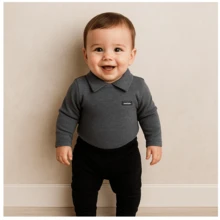 Long Baby Bodysuit With Polo Collar 100% Premium Cotton Various Colors - 灰色 - 查看 1