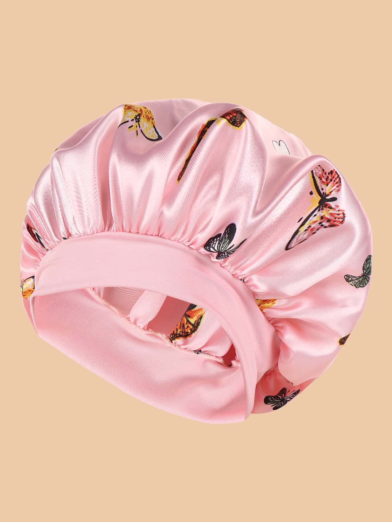 1 件蝴蝶印花桑蚕丝睡帽/头巾 - 粉紅色蝴蝶 - 查看 1